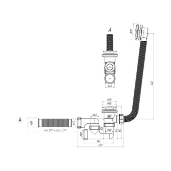 Сифон для ванны АНИ Пласт EC250G 1 1/2 дюйма 40 мм с выпуском клик-клак, переливом грибок и гибкой трубой 40/50 мм
